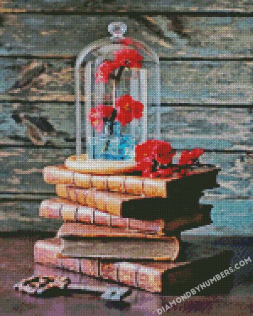 vintage books and red flowers diamond paintings