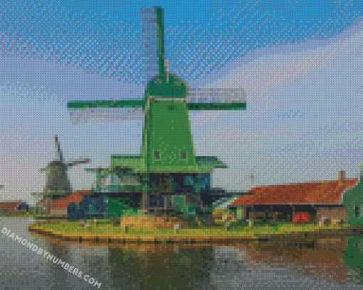 Netherlands River Houses Zaanse Schans Mill diamond paintings