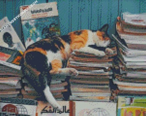 cat sleeping on boosks diamond painting