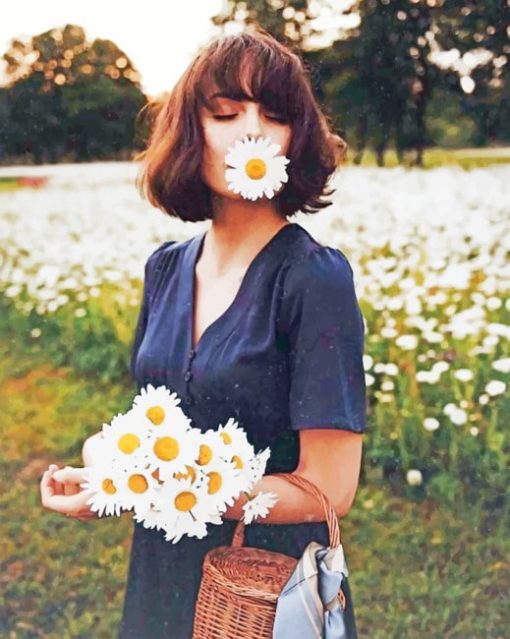 Girl And Daisy Flowers Paint by numbers