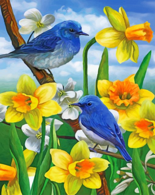 Bluebirds And Wild daffodils Piant by numbers