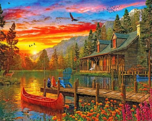 Cabin Evening Sunset paint by nummbers