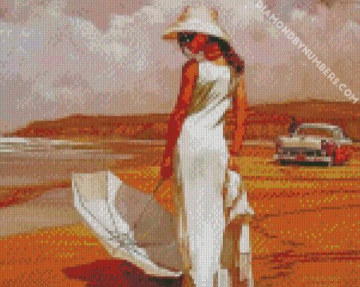 woman with a white dress diamond painting