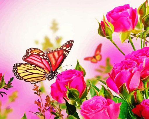 Aesthetic Pink Roses With Butterflies Diamond Painting