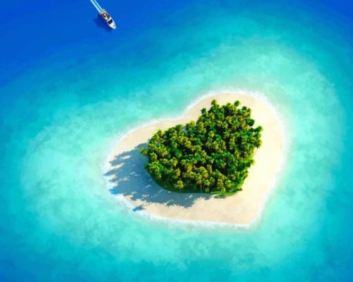 heart shaped island in between ocean with boat on body of water hd beach diamond painting